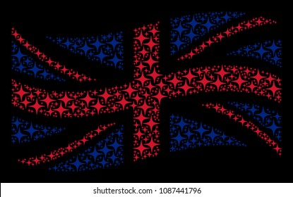 Waving UK state flag mosaic created of space star icons. Vector space star items are united into geometric English flag collage.
