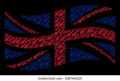 Waving UK state flag mosaic constructed of missile launch elements. Vector missile launch elements are combined into mosaic Great Britain flag illustration.