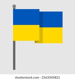 Waving Ukrainian flag on a gray flagpole. Vector decorative element