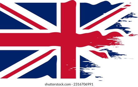 Waving United Kingdom Flag, England brush stroke, grunge effect, British flag tattered background. Vector file, hi-res.