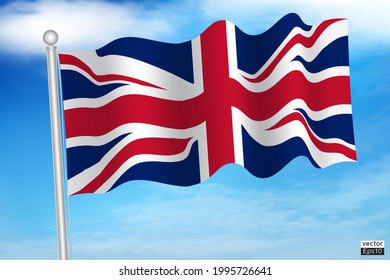 Waving United Kingdom flag on a metallic pole isolate on blue sky background.National flag of the United Kingdom or british.  Vector illustration sign.