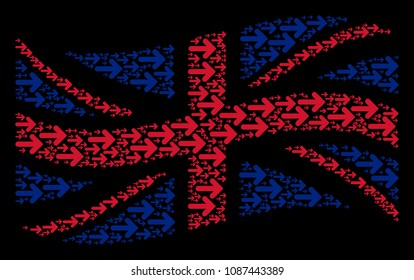 Waving United Kingdom flag pattern done of right arrow design elements. Vector right arrow design elements are composed into conceptual UK flag collage.