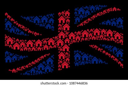 Waving United Kingdom flag pattern done of home elements. Vector home icons are composed into geometric Great Britain flag composition.