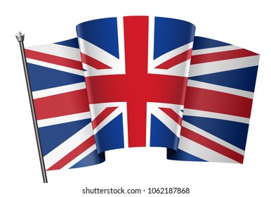 Waving United Kingdom (Great Britain) Flag on the flagpole in vector. 