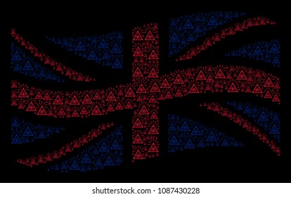 Waving United Kingdom official flag mosaic designed of total control eye pyramid design elements. Vector total control eye pyramid pictograms are organized into mosaic English flag illustration.