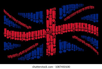Waving United Kingdom official flag composition made of exclamation sign elements. Vector exclamation sign items are combined into mosaic Great Britain flag collage.