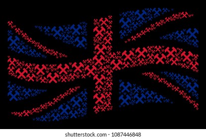 Waving United Kingdom state flag concept created of hammers elements. Vector hammers icons are united into conceptual English flag abstraction.