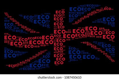 Waving United Kingdom state flag concept organized of eco text elements. Vector eco text items are composed into geometric British flag composition.