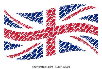 Waving United Kingdom state flag concept made of boot footprint icons. Vector boot footprint icons are combined into mosaic United Kingdom flag abstraction.