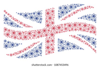 Waving United Kingdom state flag mosaic organized of atom design elements. Vector atom design elements are organized into geometric English flag composition.
