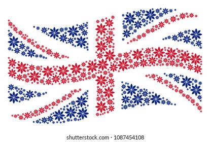 Waving United Kingdom state flag composition constructed of abstract flower pictograms. Vector abstract flower design elements are united into geometric English flag composition.
