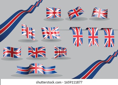 Waving United Kingdom (UK) banners and 3 bookmarks in the colors of the flag blue, red, white, many 9 flags vector illustration for memorial, labor day or any national celebration