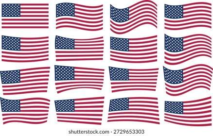 Waving United States flag set in multiple poses. Clean patriotic banner vector isolated on white. Ideal for national holidays, government design, and civic projects.