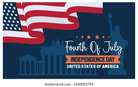 Waving the US flag with American icons. Commemorating America's Independence Day. Independence Day USA concept. Flat vector illustration. 