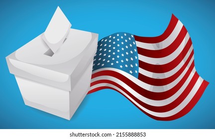 Waving U.S.A. flag close to a ballot box with vote entering in it.