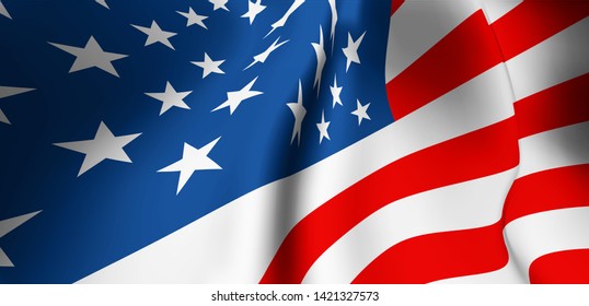 Waving USA flag close up. Wide angle view. American national symbol. Vector illustration