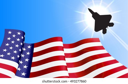 Waving USA flag with with F22 fighter on azure sky background. Can be used for logos, business identity, print products, page and web decor, signs, placards, backgrounds or other design.