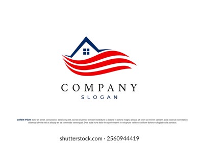 waving usa flag house home roof real estate modern logo