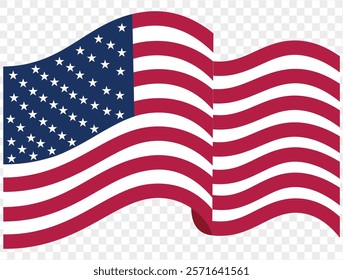 Waving USA flag isolated on transparent PNG background. Perfect for designs, high-quality vector image.