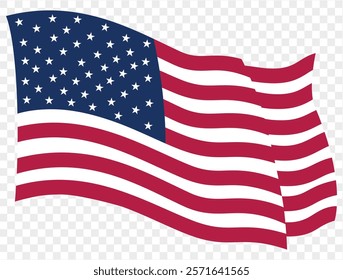 Waving USA flag isolated on transparent PNG background. Perfect for designs, high-quality vector image.