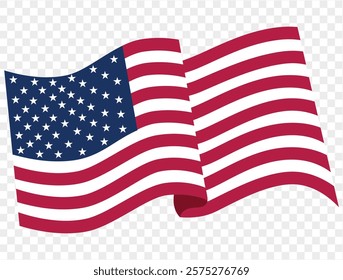 Waving USA flag isolated on transparent PNG background. Perfect for designs, high-quality vector image.