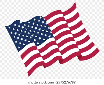 Waving USA flag isolated on transparent PNG background. Perfect for designs, high-quality vector image.