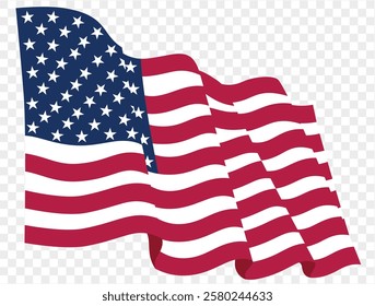 Waving USA flag isolated on transparent PNG background. Perfect for designs, high-quality vector image.