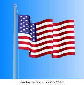 Waving USA flag on azure sky background. Can be used for logos, business identity, print products, page and web decor, signs, placards, backgrounds or other design. Vector illustration.