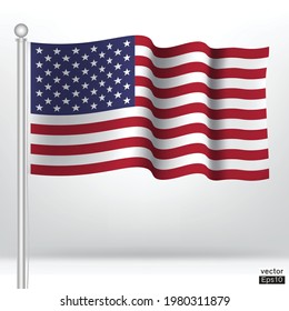 Waving USA flag on a metallic pole isolate on white background. The American flag,
The Stars and Stripes
Red, White, and Blue.Old Glory. American flag sign. Vector illustration sign.