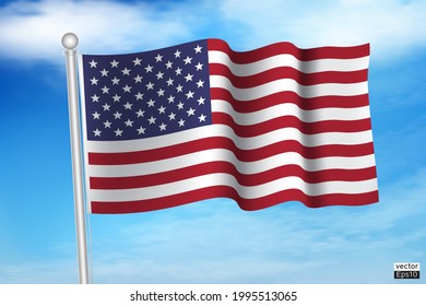 Waving USA flag on a metallic pole isolate on blue sky background. The American flag,
The Stars and Stripes
Red, White, and Blue.Old Glory. American flag sign. Vector illustration sign.