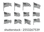 Waving usa flag vector set, Waving usa flag silhouette, Waving flag silhouettes, Waving flag vectors.