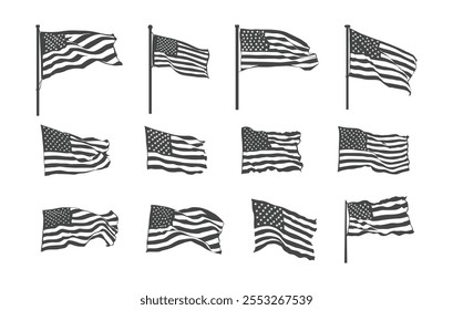 Waving usa flag vector set, Waving usa flag silhouette, Waving flag silhouettes, Waving flag vectors.