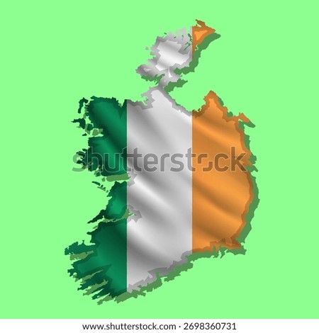 Waving vector abstract flag of Ireland in map shape with shadow