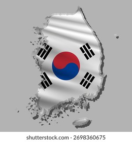 Waving vector abstract flag of Korea in map shape with shadow