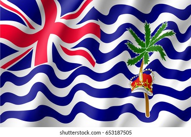 Waving vector lag of British India Ocean Territory. Patriotic sign of territory under the jurisdiction and sovereignty of the United Kingdom with British crow and palm tree in official colors.