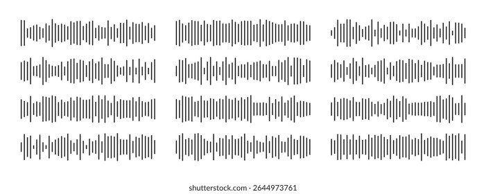 Waving, vibration and pulsing editable lines for financial monitoring. Radio sound wave set. Voice message. Audio icon. Waveform for music player interface. Recording. Equalizer template.