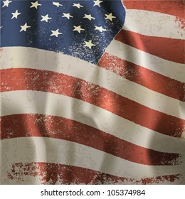 Waving vintage American flag textured background. Vector, EPS10