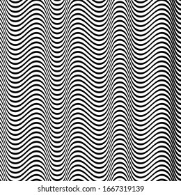 Waving, wavy, curvy (zig-zag, criss-cross) lines. Irregular parallel stripe with winding, squiggle, wiggle distortion / deformation effect.  Sinuous, billowy lines background, texture