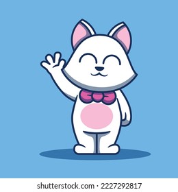 Waving white cat character design. Flat cartoon style.