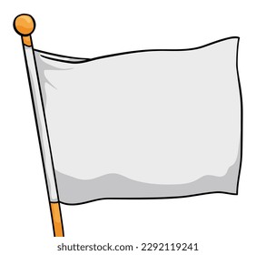 Waving white flag with gold flagpole. Template design in cartoon style and outlines.