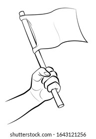 Waving white flag. Male hand with symbol or signal for surrender, capitulation, conceding victory or offering peace. Isolated comic vector illustration on white.
