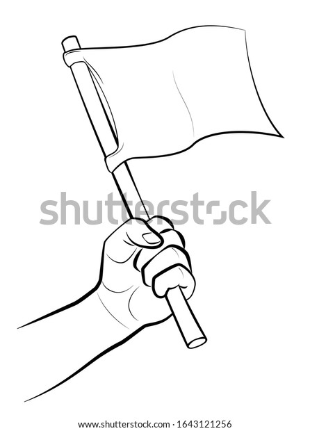 Waving white flag. Male\
hand with symbol or signal for surrender, capitulation, conceding\
victory or offering peace. Isolated comic vector illustration on\
white.\
