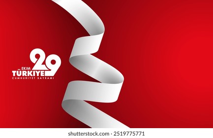 Waving white ribbon on red gradient background design. Turkey text mean is october 29 turkey republic day. Turkey national background