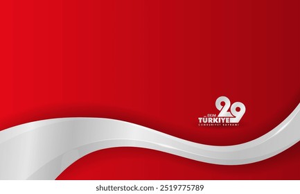 Waving white shape in 3d style on red gradient background and turkish typography which means october 29th turkey republic day
