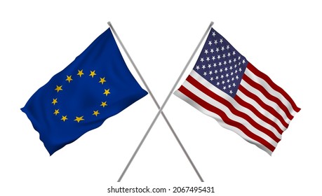 Waving In Wind Flag Of USA And European Union On Pole. EPS10 Vector