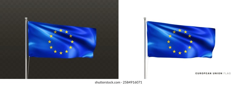 Waving in the wind realistic European Union flag on a metal flagpole isolated on black and white background. Yellow EU stars in circle on blue flag. Symbol of Europe. Vector 3d illustration