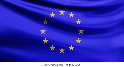 Waving in the wind realistic European Union flag. Yellow EU stars in circle on blue flag. Symbol of Europe. Vector 3d illustration