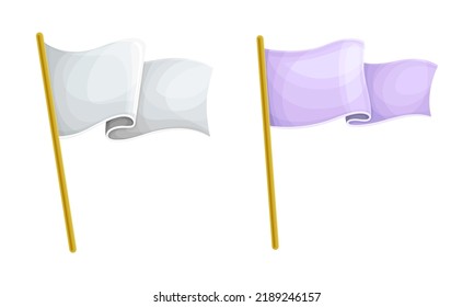 Waving and Winding Flag Made of Smooth Fabric on Wooden Pole Vector Set
