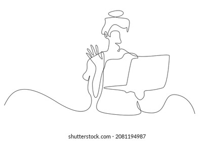Waving woman holding laptop computer making video call.