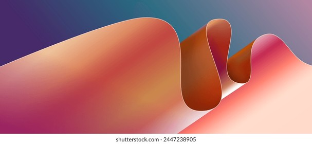 Wavy 3d abstract ribbon background element purple pink orange soft gradient color vector Illustration, wave geometric swirl vivid backdrop banner, curve beauty material energy flow image wallpaper